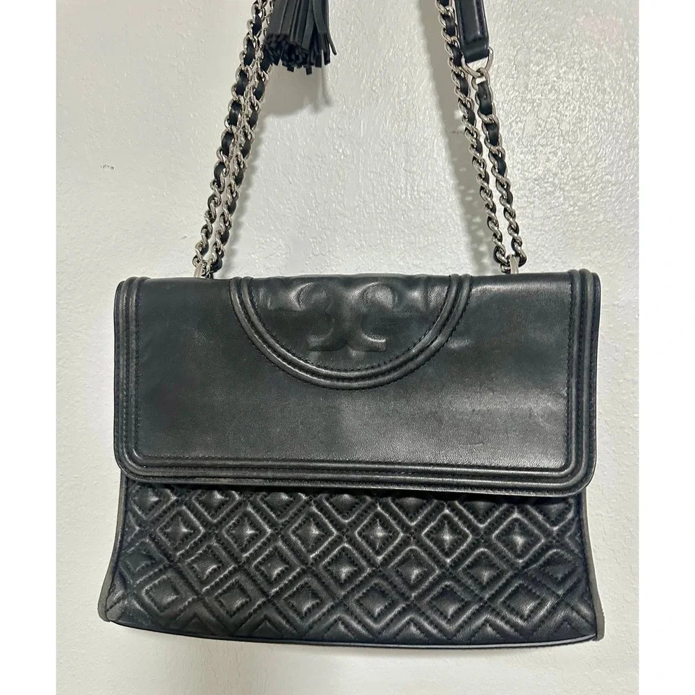 Tory Burch Kira Quilted Black‎ Leather Convertible Chain Shoulder Bag